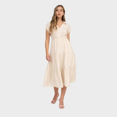 August Sky Women's Collared V-Neck Flap Pockets Tiered Midi Dress
