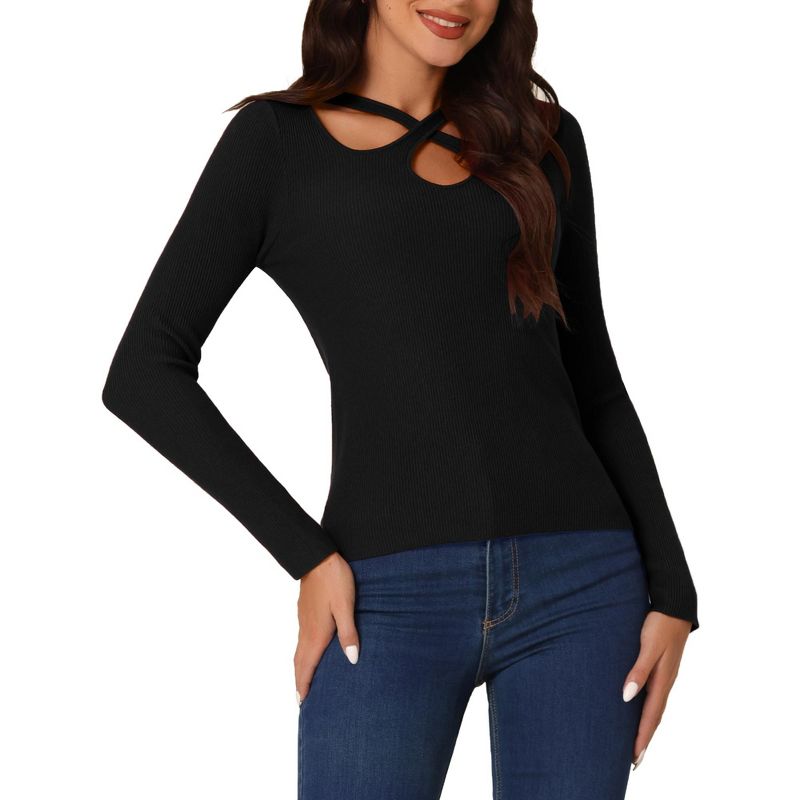 Seta T Women's Winter Long Sleeve Ribbed Knitted Casual Cut Out Pullover Sweater, 1 of 6