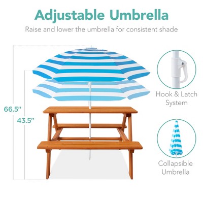Golden Brown Fir Wood Kids Picnic Table with Aqua Umbrella