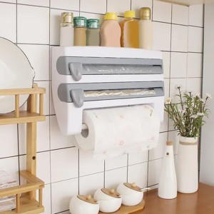 Kitchen Roll Dispenser Paper Roll Holder Plastic Wrap Film Foil Paper Organizer w/ Cutter Wall Mounted for Kitchen Bathroom - 1 of 4