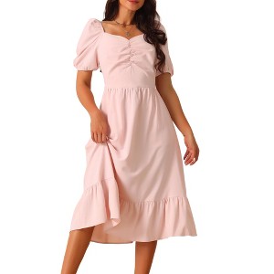 Seta T Women's Summer Square Neck Puff Short Sleeve Smocked Back Midi Dress with Pockets - 1 of 4