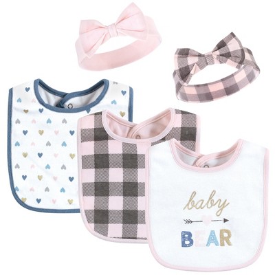 Hudson Baby Infant Girl Cotton Bib and Headband or Caps Set, Girl Baby Bear, One Size