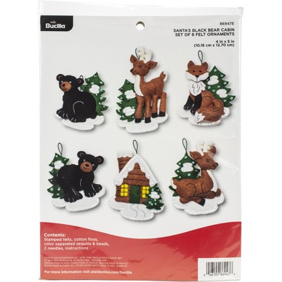Bucilla Felt Ornaments Applique Kit Set Of 6-Santa's Black Bear Cabin