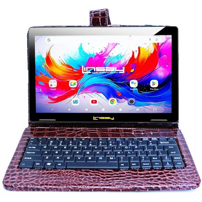LINSAY® 10.1" Octa Core  256GB Storage Android 15 Tablet Dual Camera Android with Brown Crocodile Keyboard