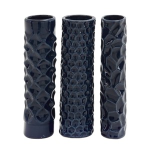 Set of 3 Ceramic Vase with Varying Patterns Dark Blue - Olivia & May: Contemporary Amphora Tabletop Decor, 11.65" Tall - 1 of 4