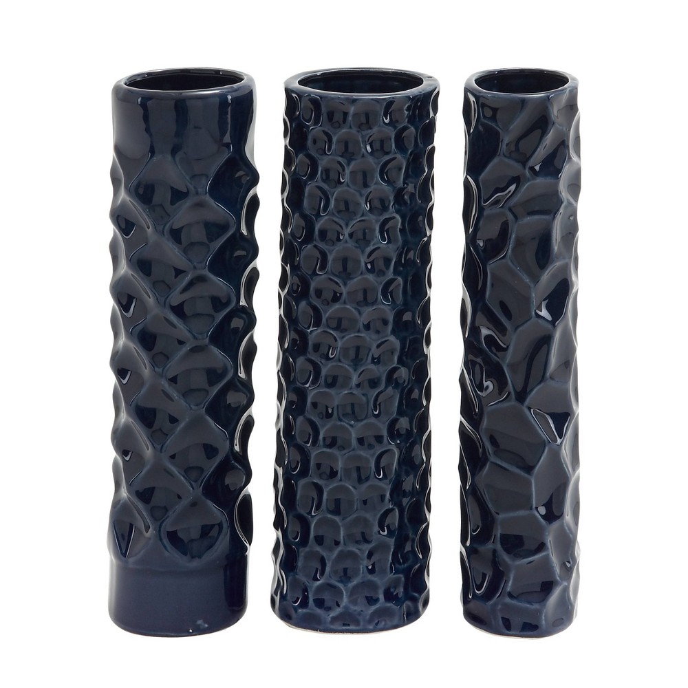 Photos - Other interior and decor Set of 3 Ceramic Vase with Varying Patterns Dark Blue - Olivia & May: Cont