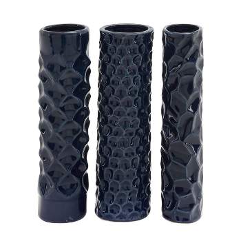Set of 3 Ceramic Vase with Varying Patterns Dark Blue - Olivia & May