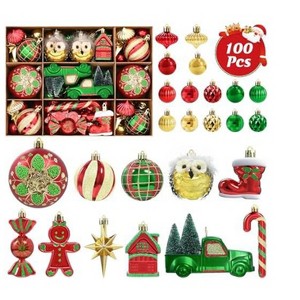 Aoibox 100 Pcs Christmas Ornaments Set Shatterproof Red Green Gold Balls and Novelty Shapes Pre-Tied Strings for Tree Holiday Decor - 1 of 4