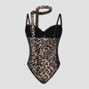 Clotth Women's Leopard Print Bodysuit - Lace Detail, Halter Neck, Sheer Mesh Panels Lingerie, Brown with Black - 2 of 4