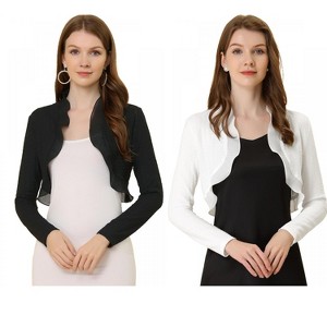 Allegra K Women's Elegant Ruffle Collar Crop Knit Open Front Bolero Shrug 2 Packs - 1 of 4