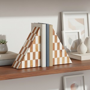 Decorative Travertine Triangle Bookends - Stylish Book Accessories for Home Library, Bookshelf, Office, or Desk Decoration - Set of 2, 7", Ivory & Tan - 1 of 4