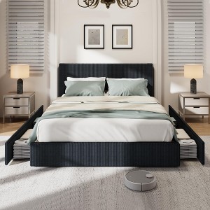 Corduroy Full Bed Frame with Tufted Wingback Headboard, Upholstered Platform Bed w/ 4 Storage Drawers, No Box Spring Needed, Black - 1 of 4