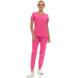 Saint Scrubs Womens 9-Pocket Medical Uniform Set- V-Neck Stretch Top with Seven Pocket Jogger Scrub Pant - 1 of 4