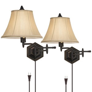 Barnes and Ivy Hexagon Rustic Vintage Swing Arm Wall Lamps Set of 2 Bronze Plug-in Light Fixture Gold Bell Shade for Bedroom Bedside Living Room House - 1 of 4