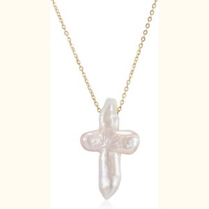 White Pearl Cross Pendant Necklace Minimalist Faith Jewelry - 1 of 4