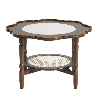Vynxaria Series 31.5 in. Walnut Petal Rubber+Glass End Table with White Crackle Pattern and 2-Tier Rattan Storage