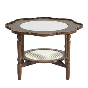 Vynxaria Series 31.5 in. Walnut Petal Rubber+Glass End Table with White Crackle Pattern and 2-Tier Rattan Storage - 1 of 4