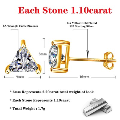 Paaaawaters Yellow Gold Plated 925 Sterling Silver Triangle Cubic Zirconia Stud Earrings for Women