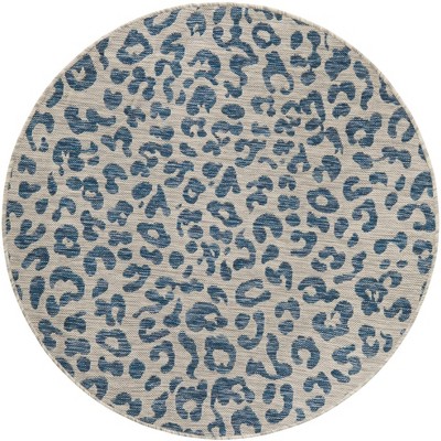 Round Blue Synthetic Outdoor Stain-Resistant Area Rug