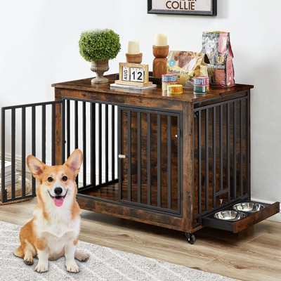 Furniture Style Dog Crate, Heavy Duty Dog Crate With Feeding Bowl, Wheels, Three Doors, Wooden Thickened Dog Cage, Kennel For Living Room