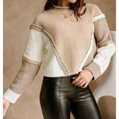 Women's Neutral Colorblock Braided Sweater - Cloud Ten