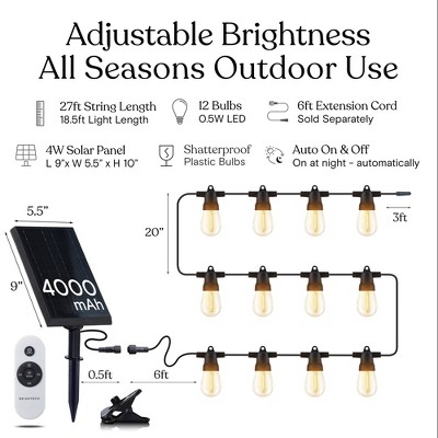 27ft Solar Powered Warm White LED Outdoor String Lights