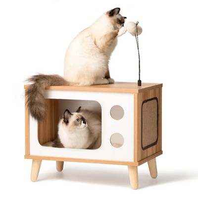 Mewoofun Large Cat House Wooden Cat TV Condo Cat Bed Indoor,with Scratching Pad and Cushion, Brown, 19.7"x15.7"x11.4"
