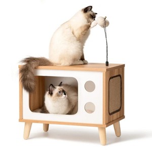 Mewoofun Large Cat House Wooden Cat TV Condo Cat Bed Indoor,with Scratching Pad and Cushion, Brown, 19.7"x15.7"x11.4" - 1 of 4