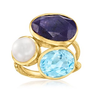Ross-Simons 8mm Cultured Pearl, 6.50 Carat Sapphire and 3.80 Carat Sky Blue Topaz Ring in 18kt Gold Over Sterling - 1 of 4