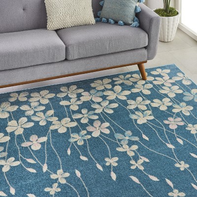 Handmade Turquoise Floral Viscose Rectangular 8' x 10' Rug