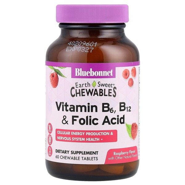 Bluebonnet Nutrition Earth Sweet® masticables, vitamina B6, B12 y ácido fólico, frambuesa, 60 tabletas masticables