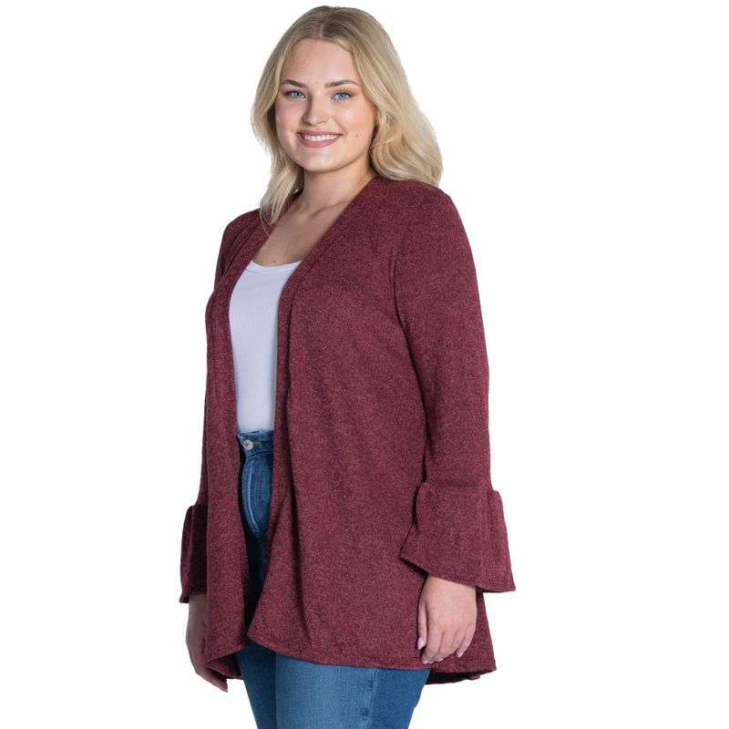 Womens Plus Size Knit Three Quarter Bell Sleeve Open Cardigan, 2 of 5