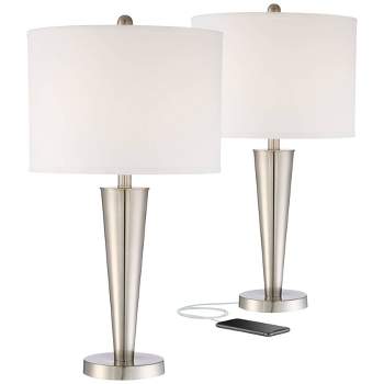 360 Lighting Geoff Modern Table Lamps 26" High Set of 2 Brushed Nickel with USB Charging Port Table Top Dimmers White Drum Shade for Living Room Desk