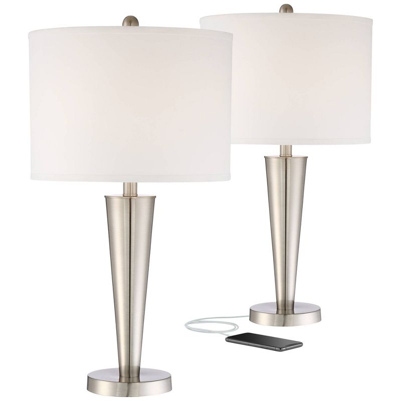 360 Lighting Geoff Modern Table Lamps 26" High Set of 2 Brushed Nickel with USB Charging Port Table Top Dimmers White Drum Shade for Living Room Desk, 1 of 9