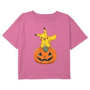 Girl's Pokemon Halloween Jack-o'-Lantern Pikachu Crop Top T-Shirt - 1 of 3