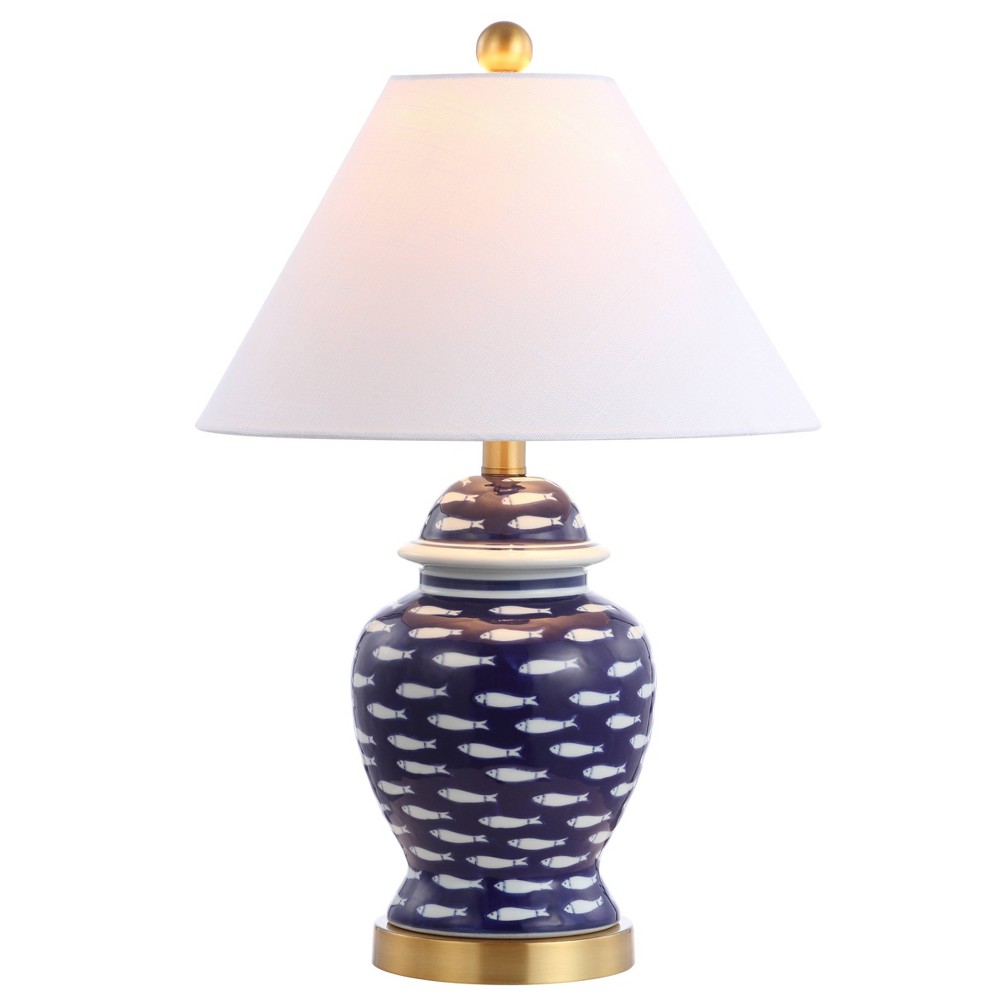 22" Ceramic School of Fish Ginger Jar Table Lamp: Navy, Gold Accents -JONATHAN Y