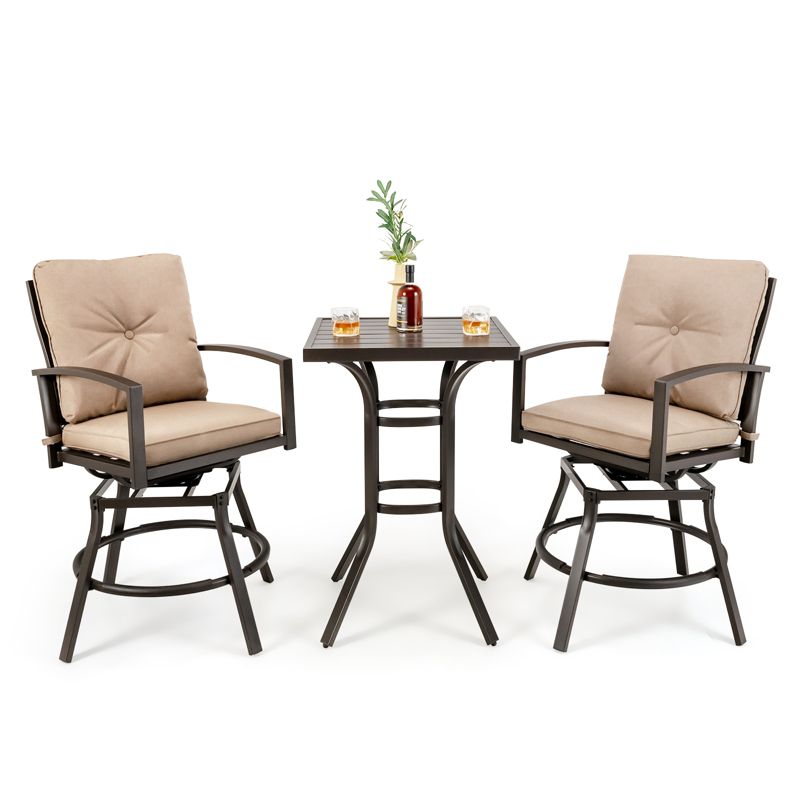 Tangkula Set of 3 Swivel Bar Height Bistro Set Cushioned Table Stools Furniture Patio Outdoor, 2 of 8
