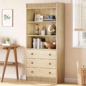 Bookshelf with Drawers 70.8" Fluted Bookcase, Light Wood Bookshelf 6 Tier Bookcase with Storage, Tall Book Shelf with Waved Design - 1 of 4