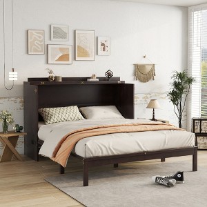 Whisen Queen Murphy Bed Cabinet with Charging Station & Rattan Decor, Space-Saving, Sturdy Pine Wood Frame - 1 of 4