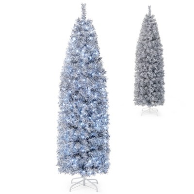 Tangkula 6/7FT Pre-lit Artificial Christmas Tree Hinged Pencil Xmas Tree w/475/670 Branch Tips 250/350 Cold-white LED Lights