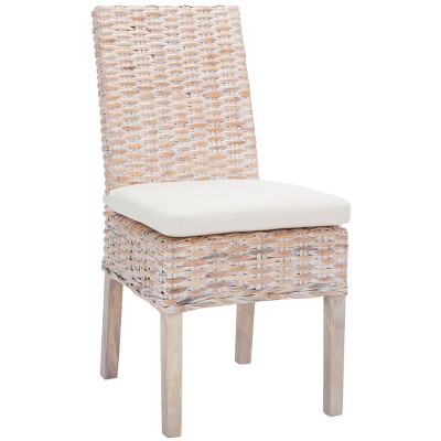 White Upholstered Rattan Side Chair with Natural Wood Legs