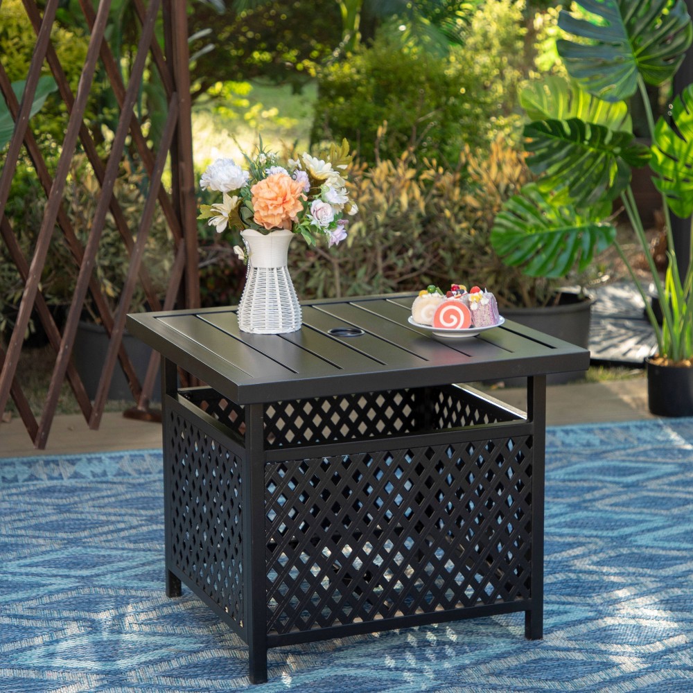 Outdoor Square Table with 1.57" Umbrella Hole - Black - Captiva Designs: Weather-Resistant Patio Coffee Table with Steel Frame