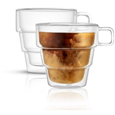 JoyJolt Pila Double Wall Insulated Coffee Mugs - Set of 2 Stackable Glass Tea Cups - 16 oz