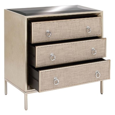 Beige Upholstered 3 Drawer Chest with Mirrored Top and Ring Handles