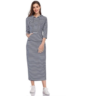 Womens Hoodie Sweat Dress 3/4 Sleeve Slim Fit Hooded Maxi Dress Stripe Summer Dress Soft Lounge Dress
