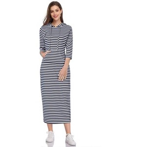 Womens Hoodie Sweat Dress 3/4 Sleeve Slim Fit Hooded Maxi Dress Stripe Summer Dress Soft Lounge Dress - 1 of 2
