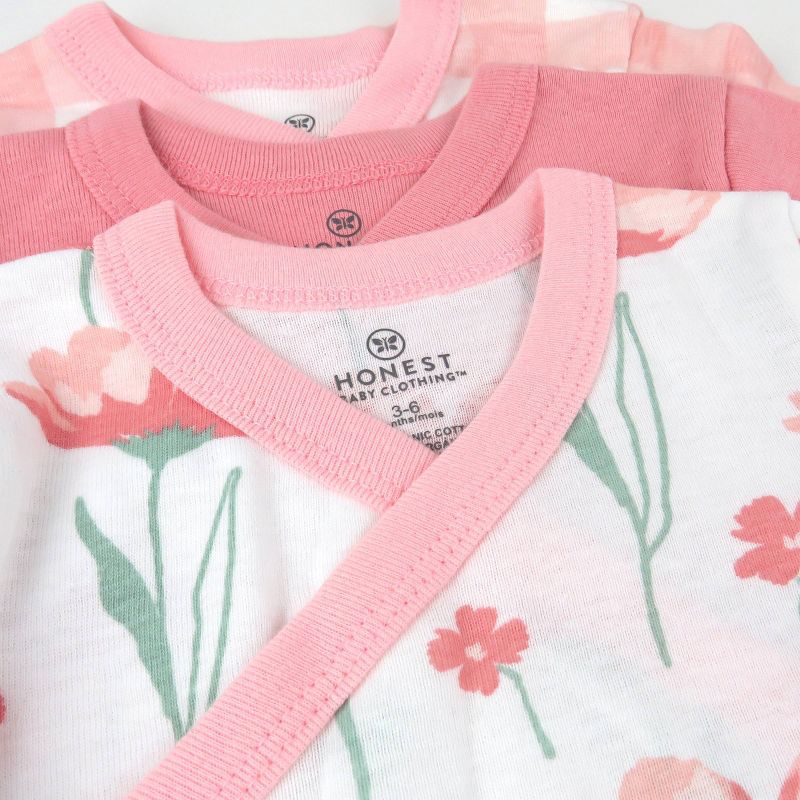 Honest Baby Girls' 3pk Long Sleeve Side Snap Floral Bodysuit - Pink, 4 of 5