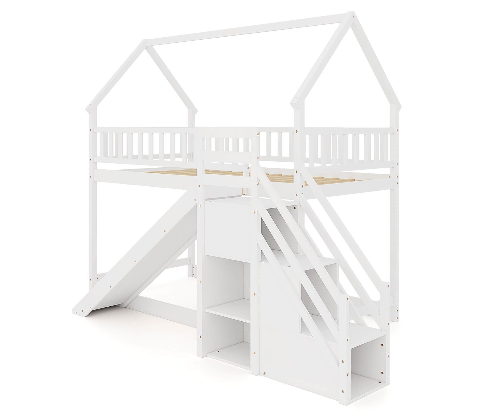 Costway Twin Over Twin Bunk Bed with Slide & Staircase with Storage Compartments White