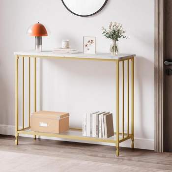 Whizmax Console Table, Sofa Tables Narrow Entryway Table with Shelves and Metal Frame for Living Room, Foyer, Bedroom, Gold