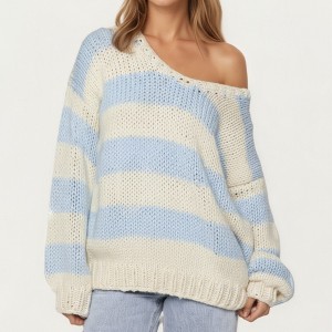 Anna-Kaci Women’s Oversized Striped Knit Sweater with Soft Chunky Texture Slouchy Off-Shoulder Fit and Drop-Sleeve Silhouette - 1 of 4